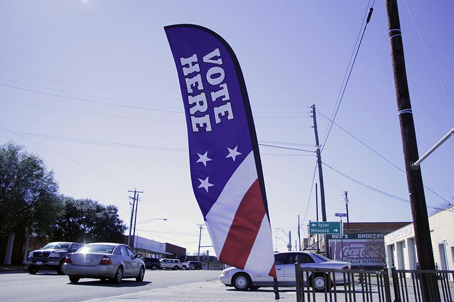 Voting banner outside Lindale Library; Photo by Drew Austin