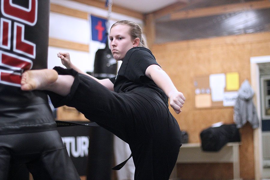 Hannah+strikes+the+bag+with+a+mid-kick