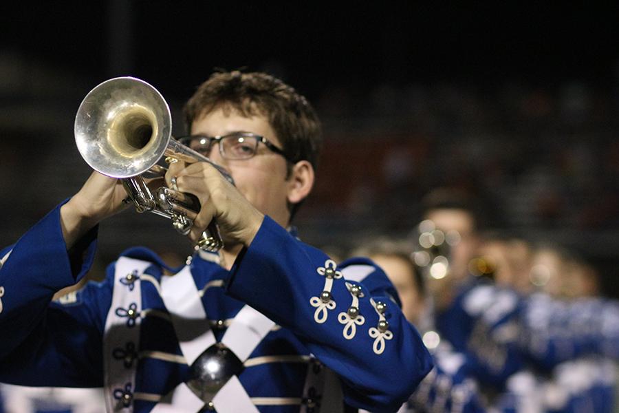 Levi Moore marching with the Pride of Lindale Band at halftime during the Corsicana game.