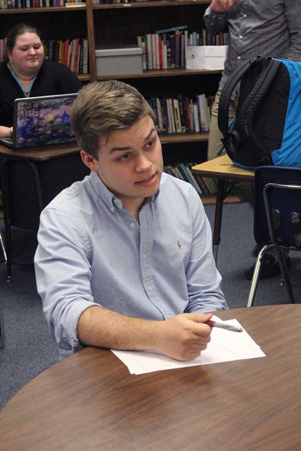 Senior Baylor Payne in Mr. Fuglers Debate III-IV Honors class. Payne received his real estate license and can legally sell land in Texas.