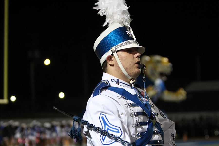 Sophomore of the year and drum major Hayden Nicholson directing the band during the Corsicana varsity football game.