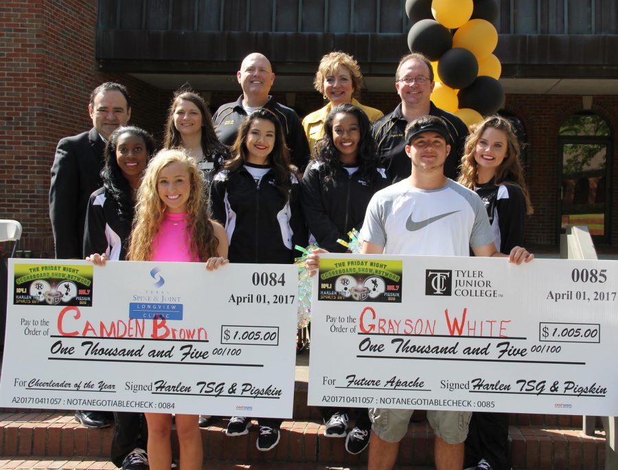 Camden Brown of Lindale High School and Grayson White of Big Sandy High School were awarded $1,005 scholarships to Tyler Junior College in the Future Apaches scholarship event held Saturday, April 1, at TJC.  The students are surrounded by members of the Apache Belles; TJC Provost and VP for Academic and Student Affairs Dr. Juan E. Mejia;  Marketing Strategist Leah Wansley; Executive Director,  Marketing, Media and Communications Kimberly Lessner; as well as Harlen the Sports Guy and Pigskin Bob from Alpha Media’s Friday Night Scoreboard.