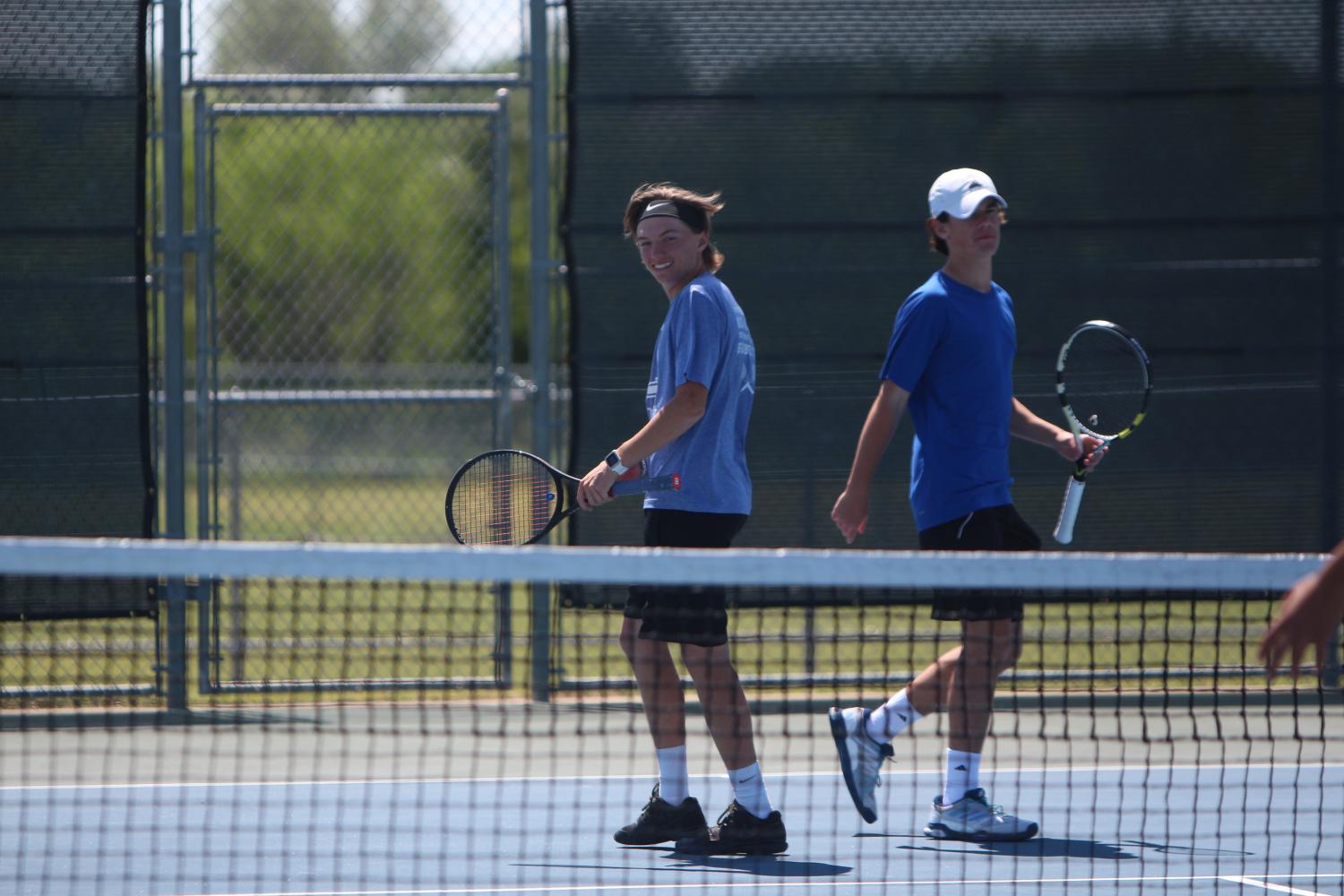 Boys doubles team Kylar Moore and Aaron Gambrell compete at district. The teams advanced to the semifinal round at regionals.