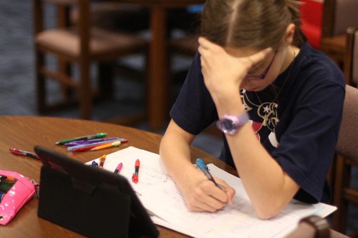 Sophomore Colleen Starkey studies for her honors math class. By using a planner, she effectively divides all of her time between the many activities that she is involved in.