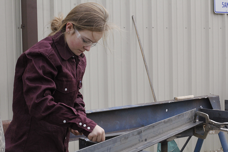 Laramie Wedemeyer helps build a trailer. She worked with other FFA members throughout the day.