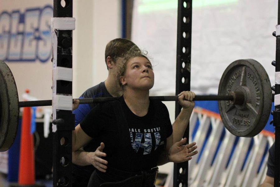 Junior Brayden Gill competes in squat lifting event at the Lindale invitational meet. This was the first meet of the powerlifting season