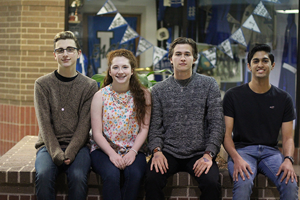 Seniors Elizabeth Tagg, Anthony Wyatt, Ronak Desai, Evan Bewersdorf posed for a picture after being named NSDA All-Americans. This title is achieved by gaining enough merit points in speaking events to be recognized on a national level.