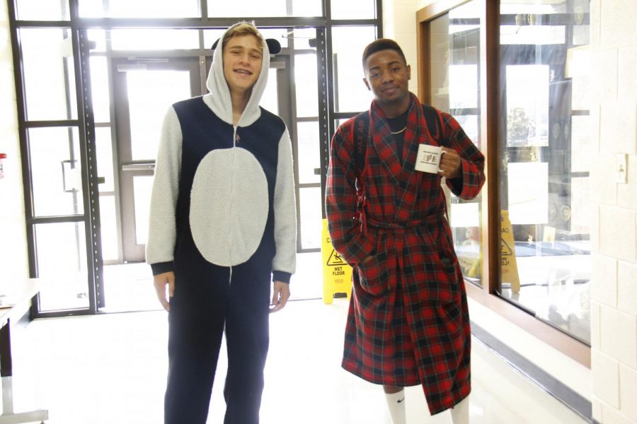 Students from the 2017 PJ day show off how comfy coming to school in PJs can be.