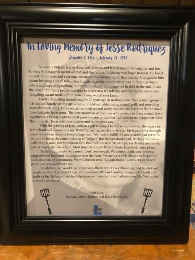 A letter written by Jesse Rodriquez’s wife and children sits framed at the tailgate. His family wants to continue his legacy as long as they are able to. 