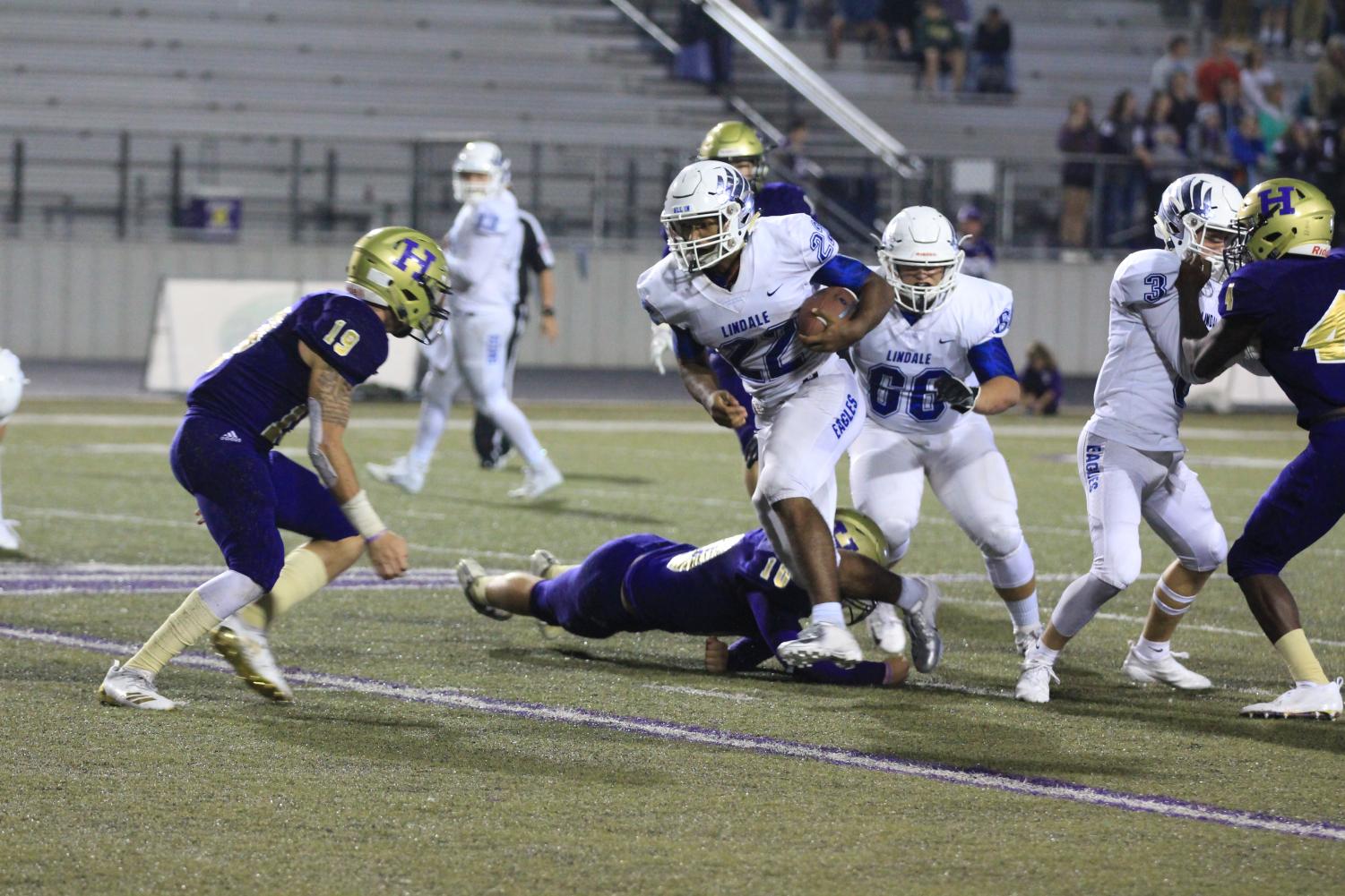 Sophomore Jordan Jenkins runs the ball toward the end zone. In this game, the Eagles beat Hallsville 42-28, and they are 3-1 so far in district, where they are tied with Whitehouse for second place.