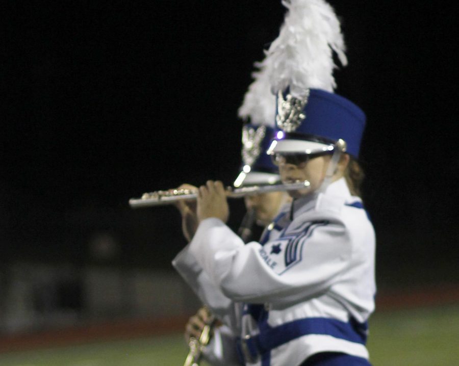 Sophomore Elizabeth Stone plays her flute as she marches down the field. The band performed the drill they march at contest.
