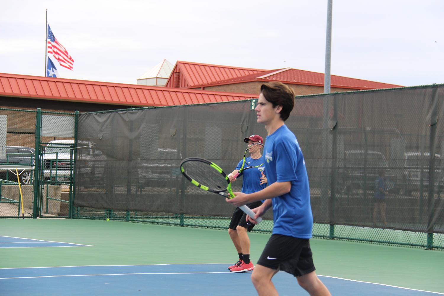 Seniors Aaron Gambrell and Brady Smith play as partners on the varsity tennis team. The team advanced to regionals.
