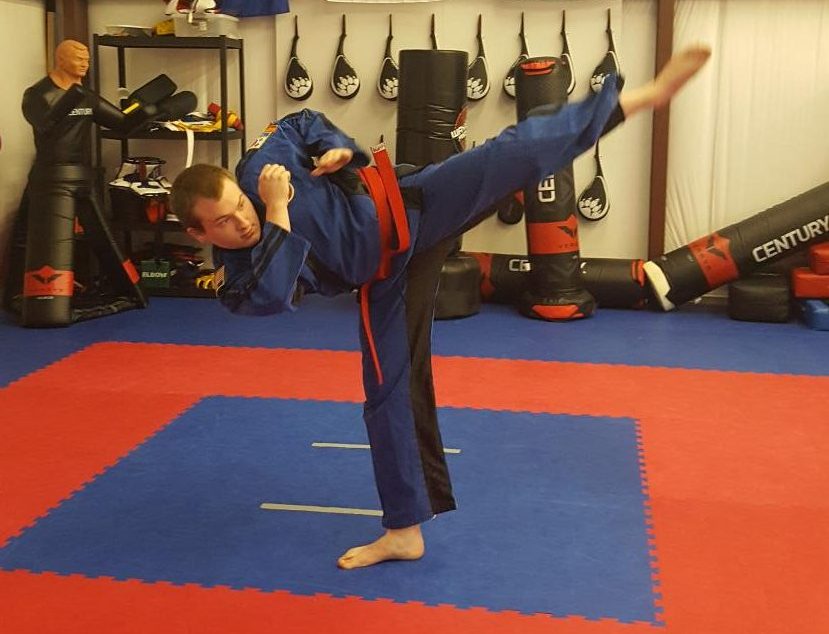 Morgan Gibson performing a roundhouse kick. He has been performing martial arts for six years.

Photo courtesy of Morgan Gibson