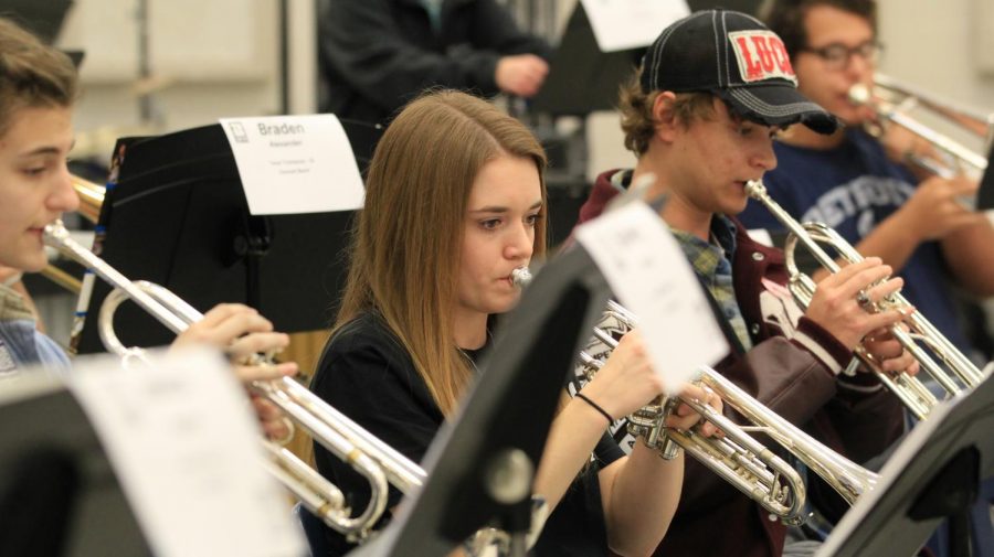 Senior Carrie Weaver practices with the concert band. She was one of the trumpets from Lindale to attend the clinic.