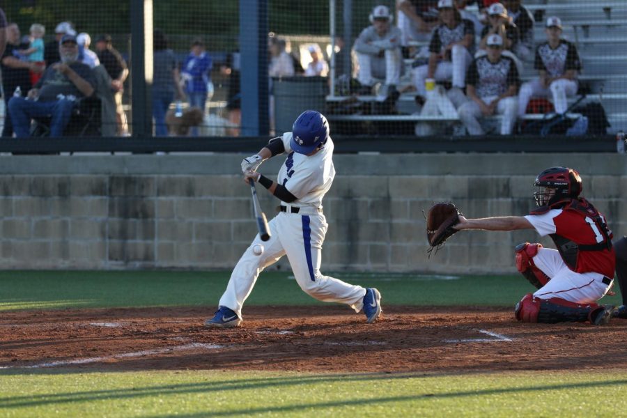 Junior Matt Aubuchon takes a swing at a pitch in the Eagles final district game of the season. They were named the District Champions following the game and will play Nacogdoches Wednesday, Thursday and possibly Saturday.