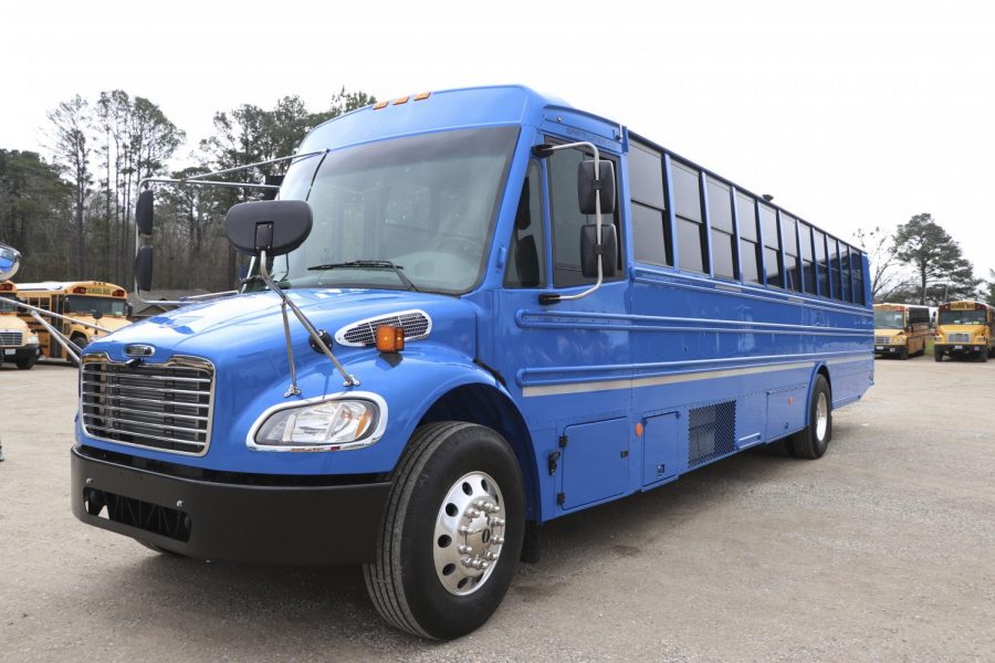 The blue bus is a new design used to advertise the school district. It will be used for non-local activities.