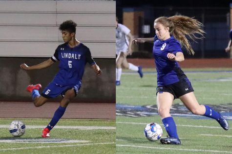 Senior Solomon Saboia takes a kick to pass it to a teammate. Sophomore Emma Bosworth dribbles the ball as she heads up the field.