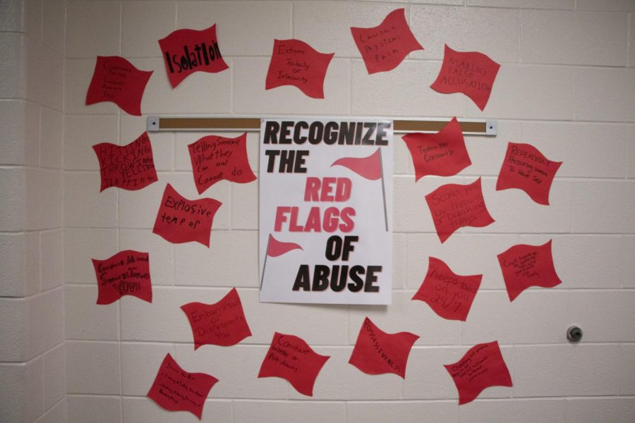The “red flags” on the wall outside of Ridge’s classroom. “Most young adults do not believe they are being abused until they are out of the relationship and home,” junior Andie Lewis said, “Really, abuse is not being able to go out because the abuser would get mad or even hurt themselves to keep you close.“