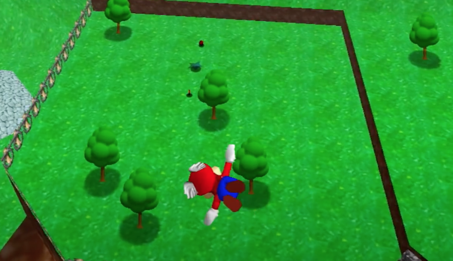 This is a screenshot from Super Mario 64. This is the oldest game of the trio, as well as the first three-dimensional Mario title. 