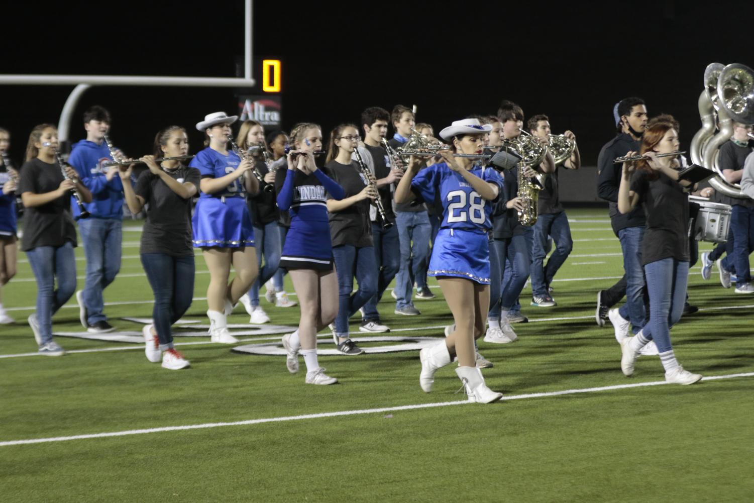 The Pride of Lindale marches at the game against Chapel Hill.  The band will compete at the state military contest on Wednesday, December 9.