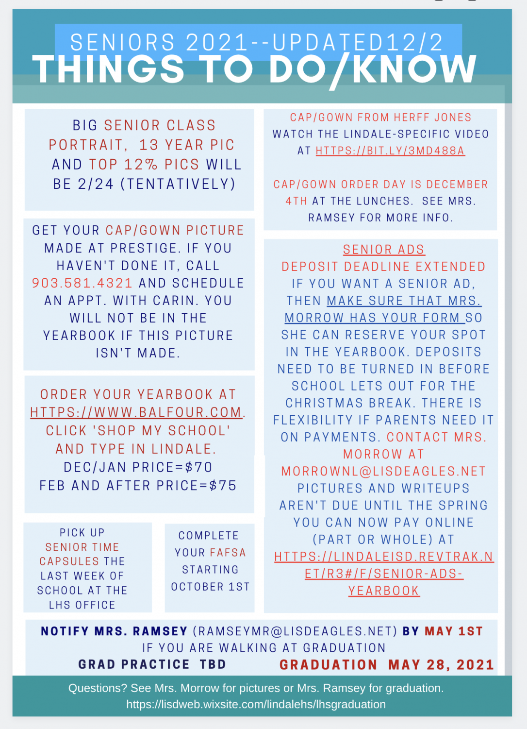 Updated Senior Things to To Do/Know Information as of 12/2/2020