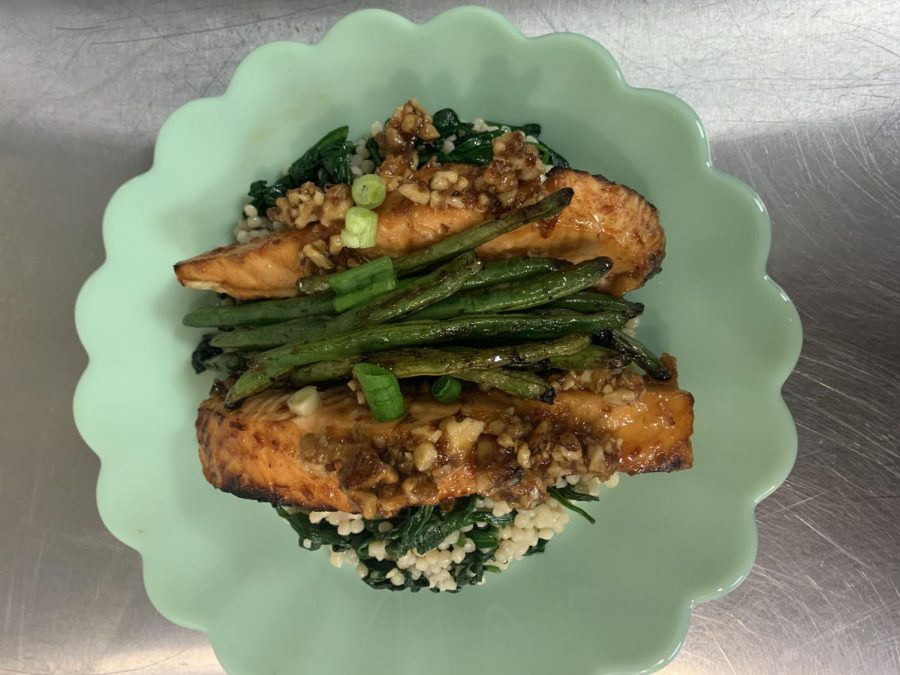 Senior Beckah Doss honey chile salmon dish. She won the competition with this dish.