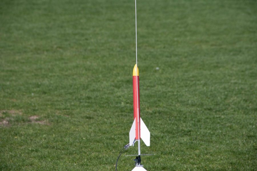 One of the rockets made by a student prepares to launch. Mrs. Covingtons engineering class created and launched rockets on March 4th