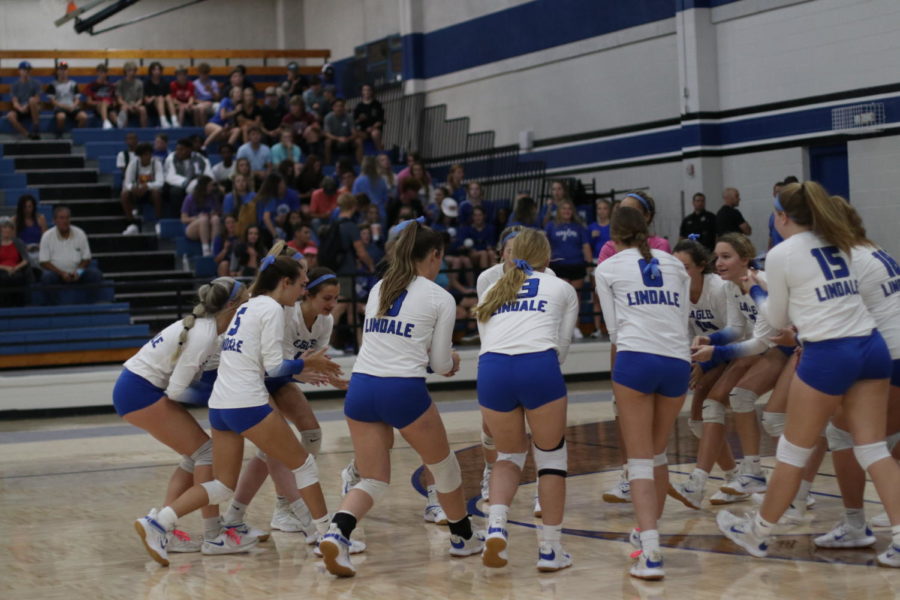 The varsity volleyball team celebrate together.