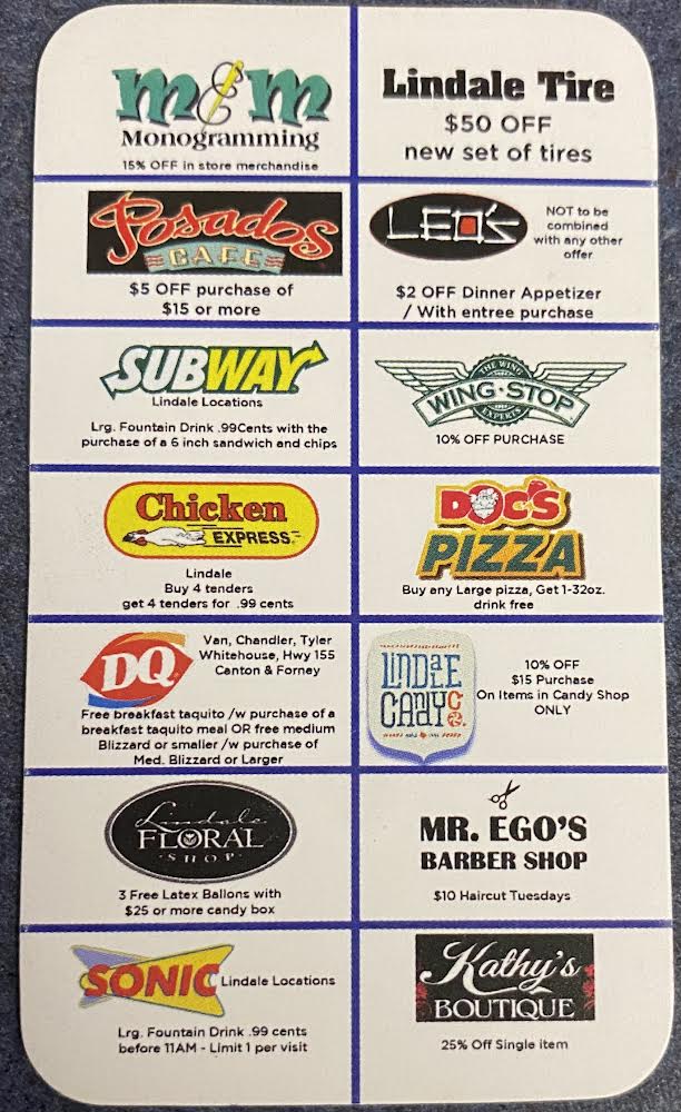 The discount cards offer discounts for local businesses around Lindale.