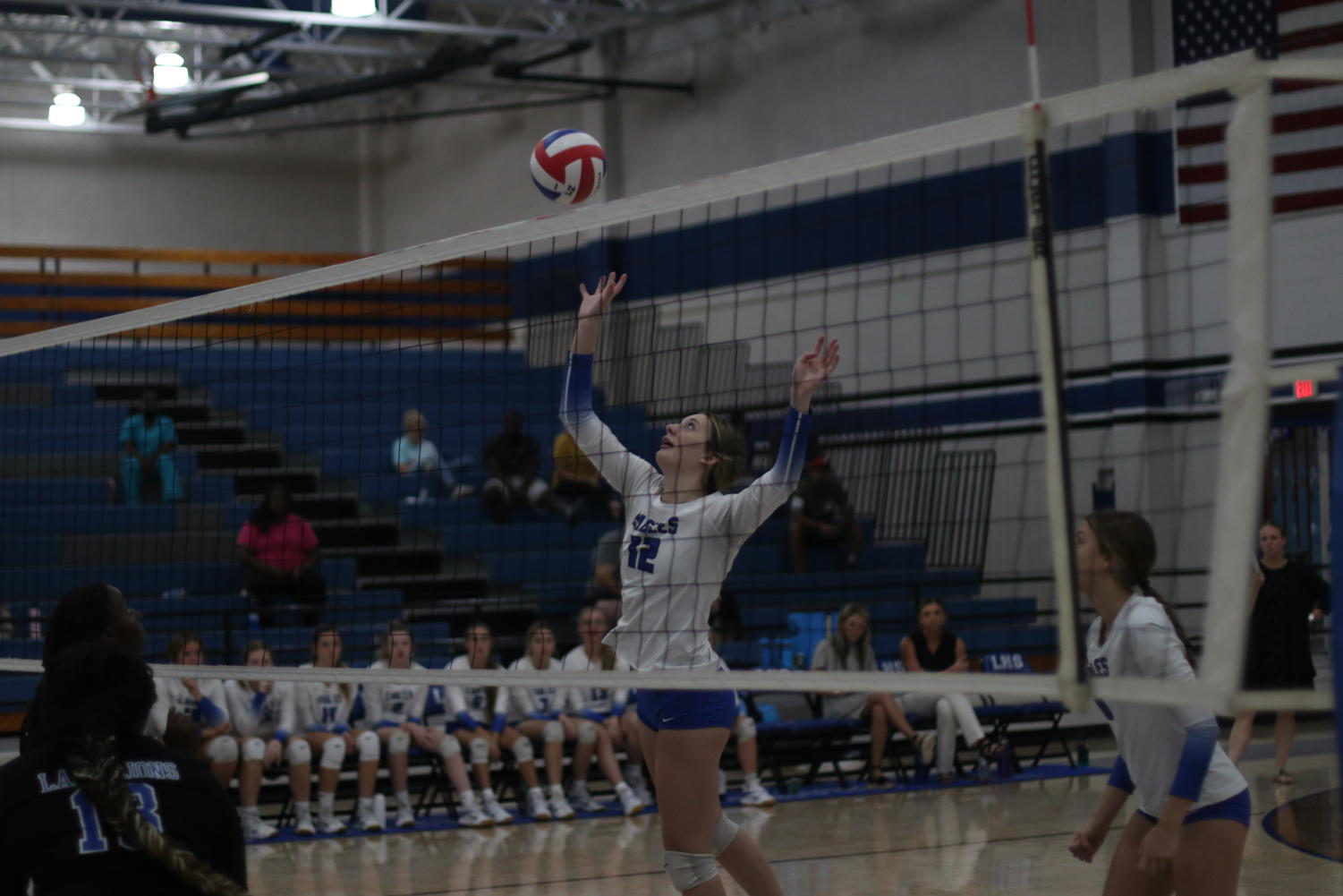 Senior Brenly Philen spikes the ball over the net while playing against the Tyler Lions.