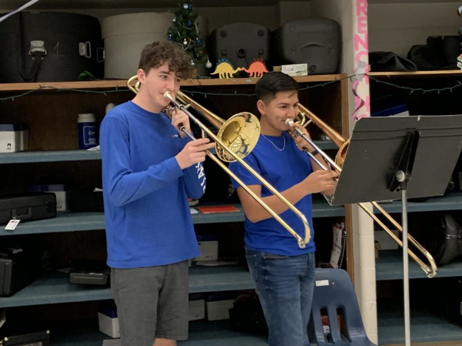 Sophomore Kaden Strickland and junior Romero Aparicio practice for the All-state competition.