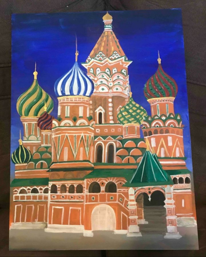 Sophomore+Julia+Montgomery+paints+an+original+art+piece+of+St.+Basils+Cathedral+in+Russia.+Montgomery+will+compete+in+the+Model+UN+competition+on+January+24+and+25.
