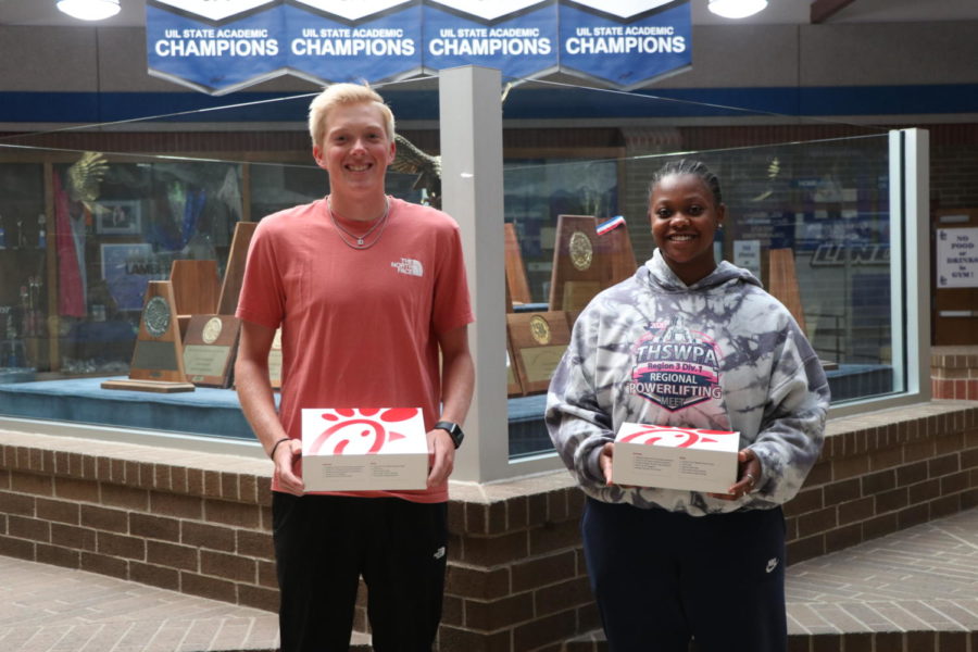 Seniors Teagan Terry and Zaniya Mumphrey pose together as athletes of the month. Chick-fil-a helped sponsor their recognition