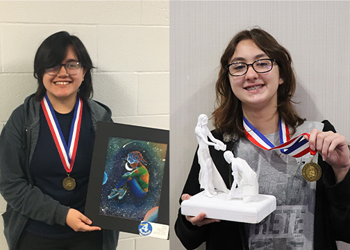 Junior Jocelyn Castillo and Sophomore Julia Montgomery receive medals for their works of art.