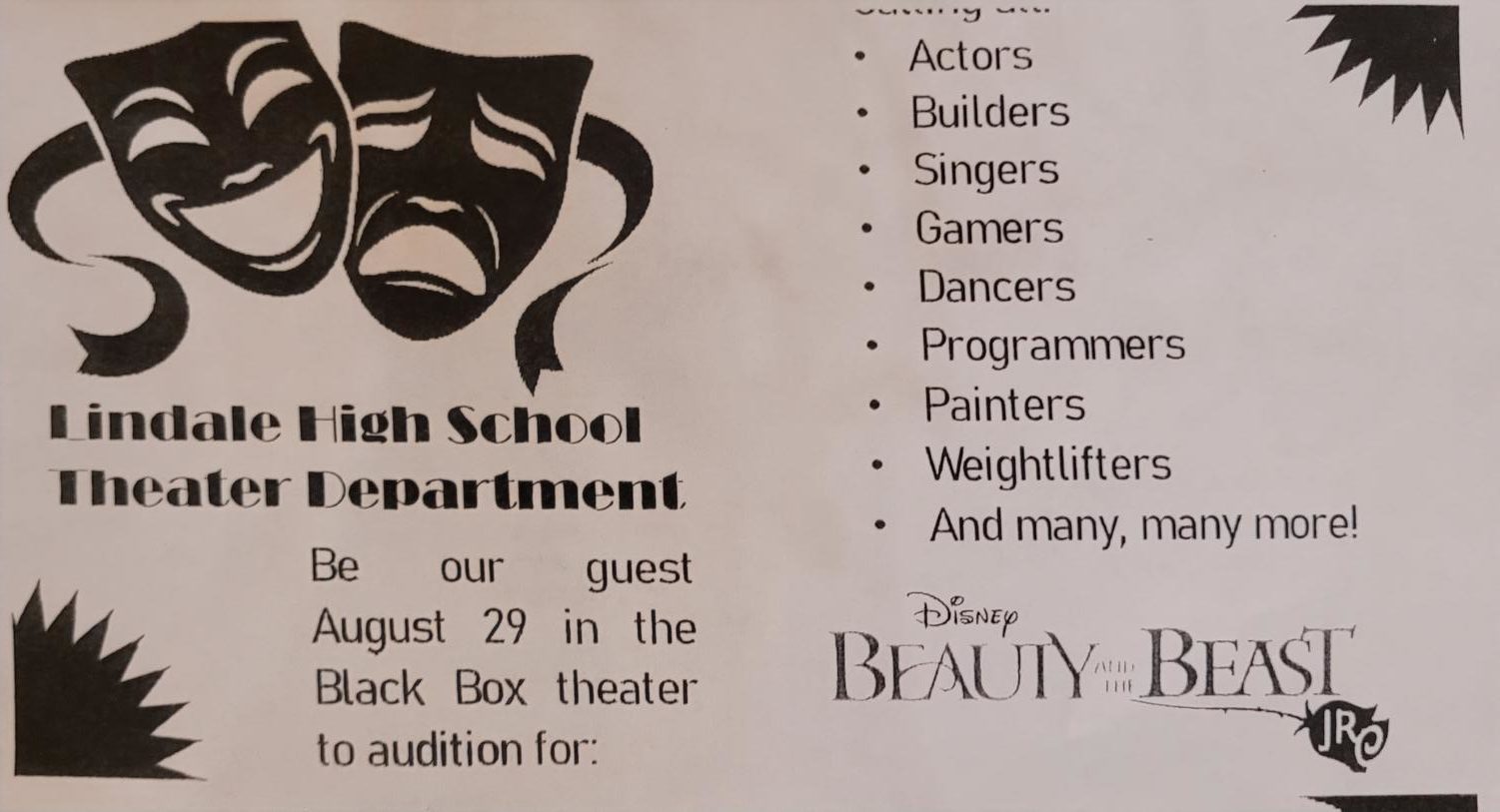 Audition flyers handed out by theater students. All high school students are invited to try out in the Black Box.