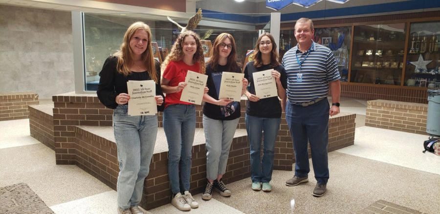 Charlotte McConathy, Jaida Jones, Kylie Hester, and Julia Montgomery (along with graduates Vivi Lehmann, Lian Boone, Jesika Miller and Marlee Sorrells) were all named to the All-State Journalism Staff for 2022.