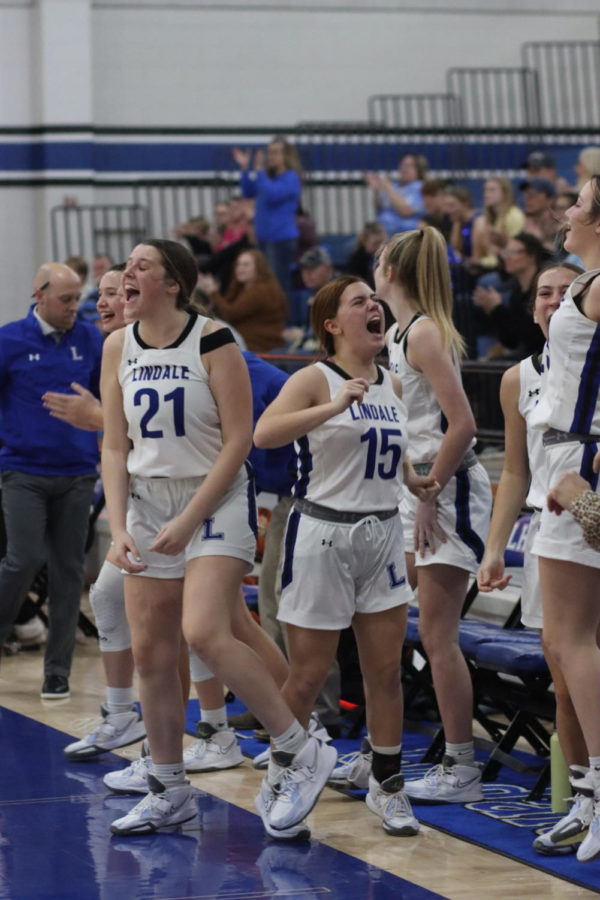 The+varsity+girls+basketball+team+celebrates+a+goal+from+the+bench.