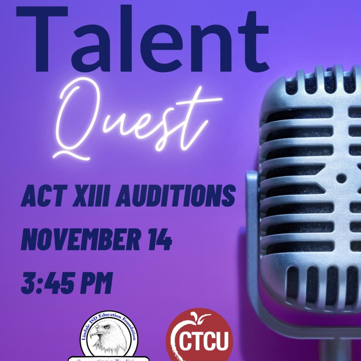 Talent show auditions to be held next week. They will be held in the Performing Arts Center.