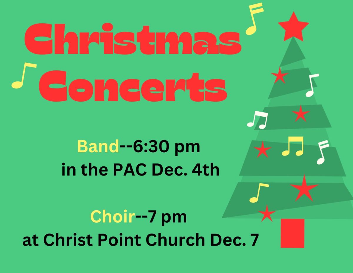 Band and choir concerts coming up next week. Infograph made by teacher Neda Morrow.
