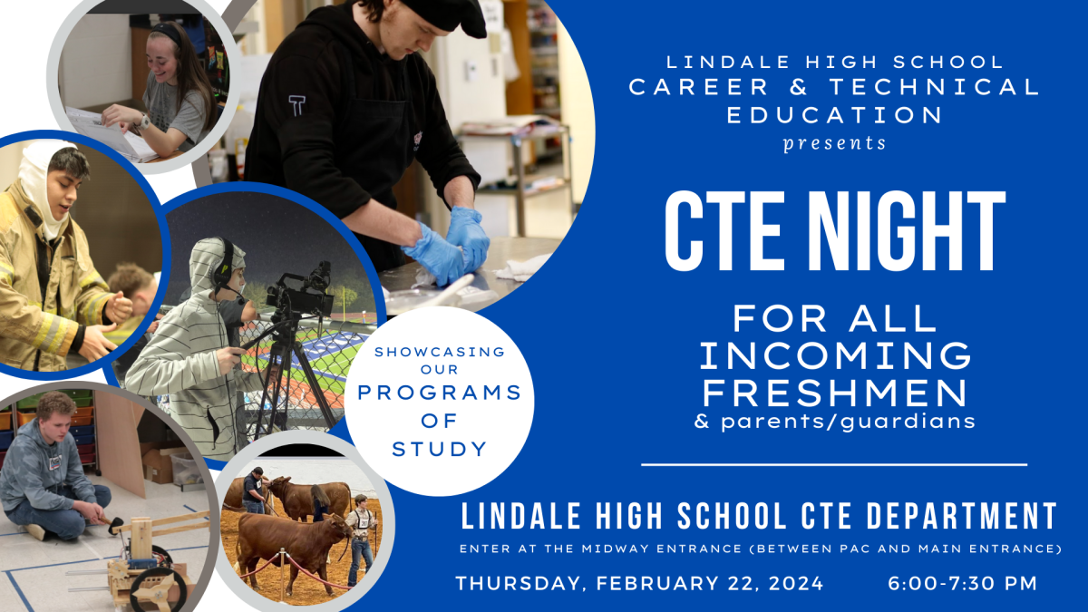 Poster for CTE night with different featured organizations. The eighth graders will be welcome Thursday night. Photo by Lindsay Kelly.