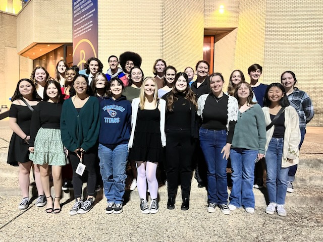 Members of the International Thespian Society pose in front of the Fair Park theater before seeing the show. The students left after school on Friday to attend the 7:30 showing.
Photo provided by Kari McKenzie.
