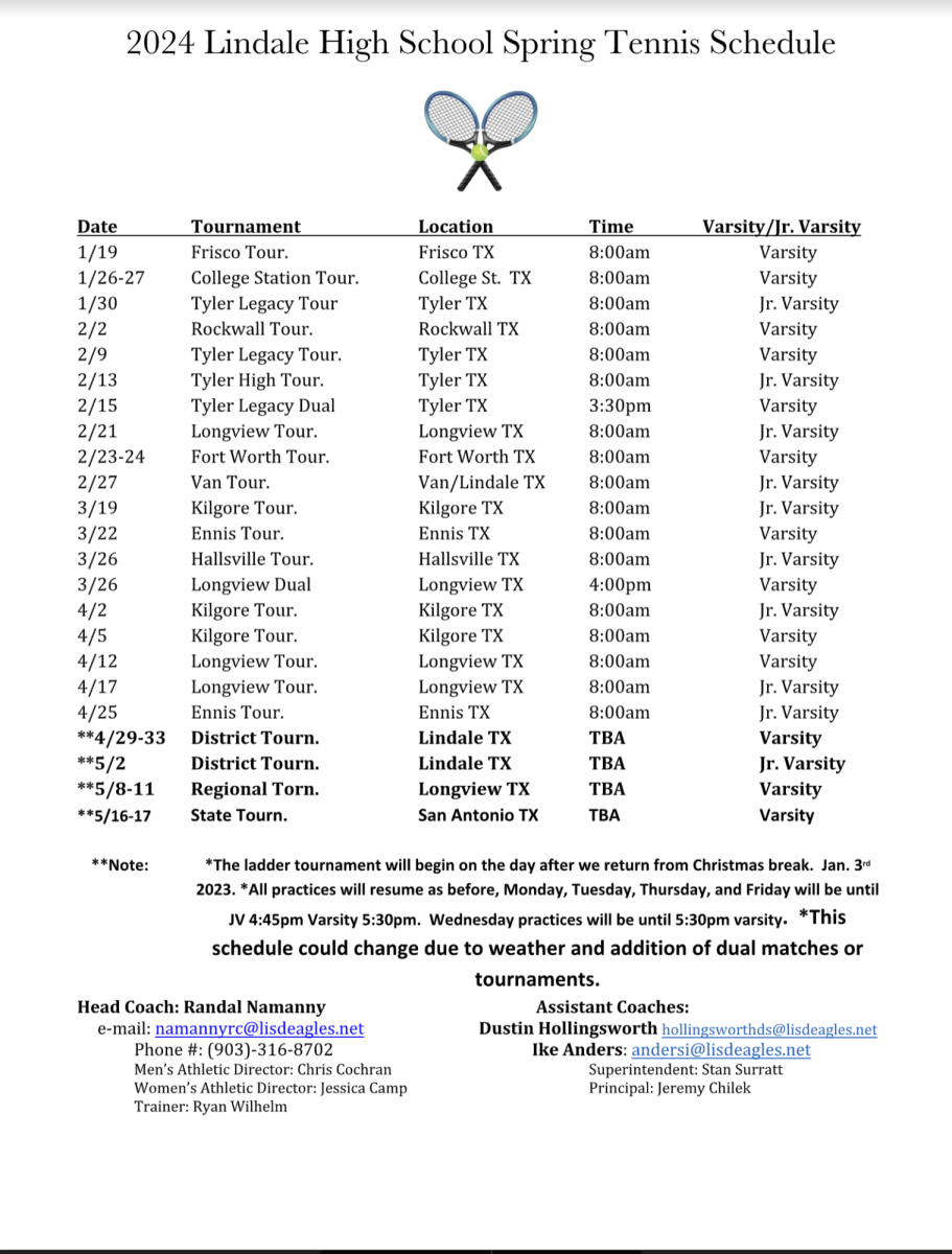 Lindale spring season tennis schedule. 