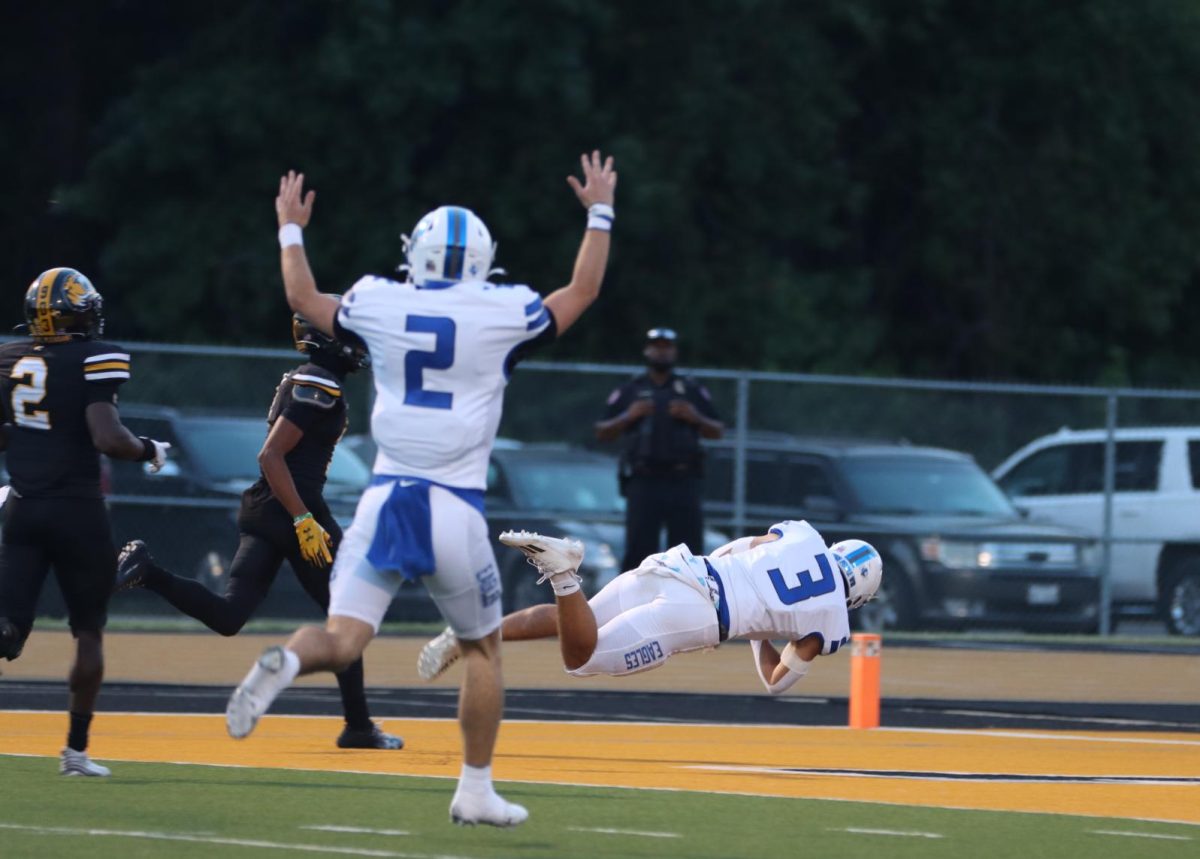 Senior Aiden Warnell and junior Jackson Parker, numbers two and three respectively, at the end zone for a scored touchdown. This was the only touchdown of the game for both teams. 